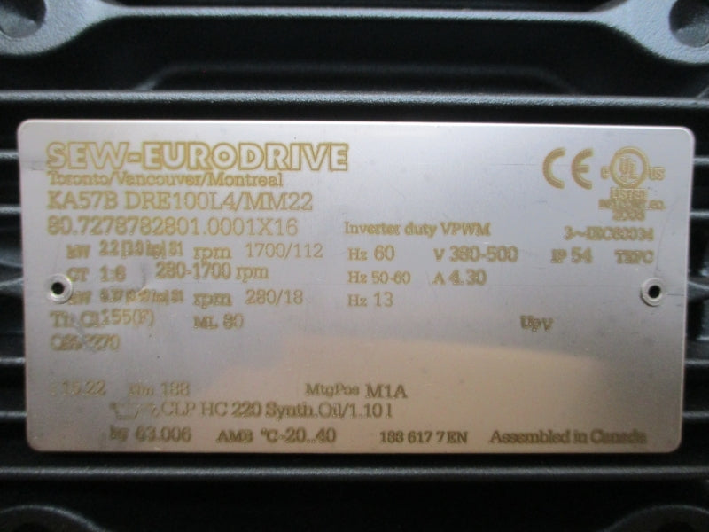 SEW-EURODRIVE KA57BDRE100L4/MM22 KA57B/A 380-500V 4.30A NSNP