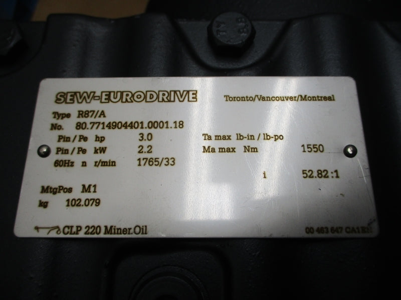 SEW-EURODRIVE R87DRN100L4/BE5HR R87/A 230/460V 8.30/4.15A NSNP