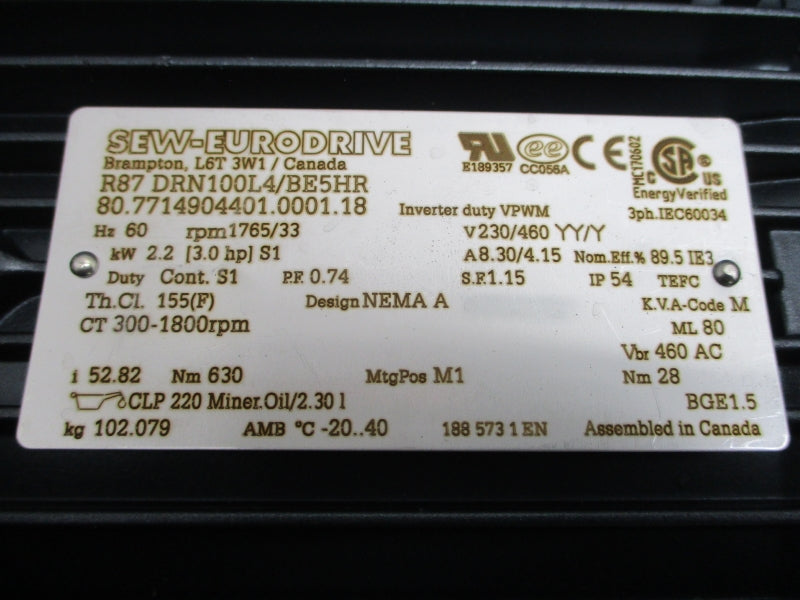 SEW-EURODRIVE R87DRN100L4/BE5HR R87/A 230/460V 8.30/4.15A NSNP