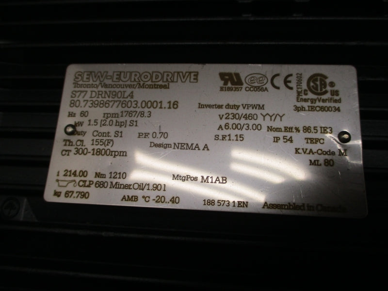 SEW-EURODRIVE S77DRN90L4 S77/A 230/460V 6.00/3.00A NSNP