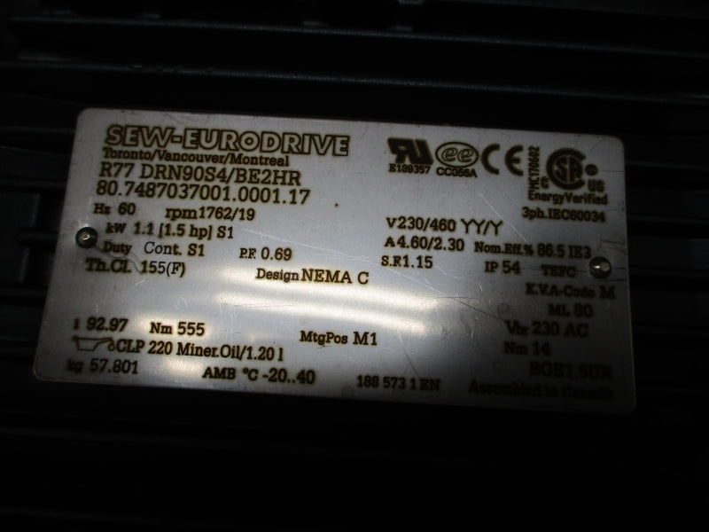 SEW-EURODRIVE R77DRN90S4/BE2HR R77/A 230/460V 4.60/2.30A NSNP