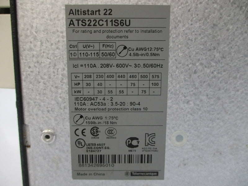 SCHNEIDER ELECTRIC ATS22C11S6U 208-600V 110A UNMP