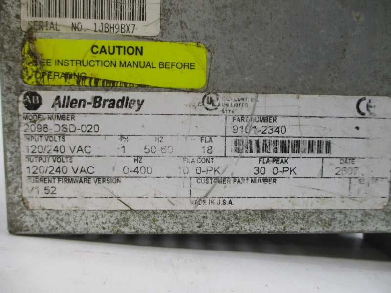 ALLEN BRADLEY 2098-DSD-020 F/W V1.52 120/240VAC 18A (NO FACEPLATE) UNMP