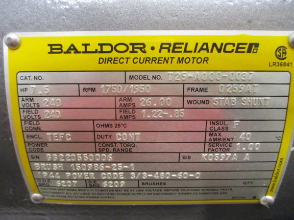 BALDOR 7.5HP 0259AT T25-A000-0037 240V 1.22-.85/26.00A NSNP