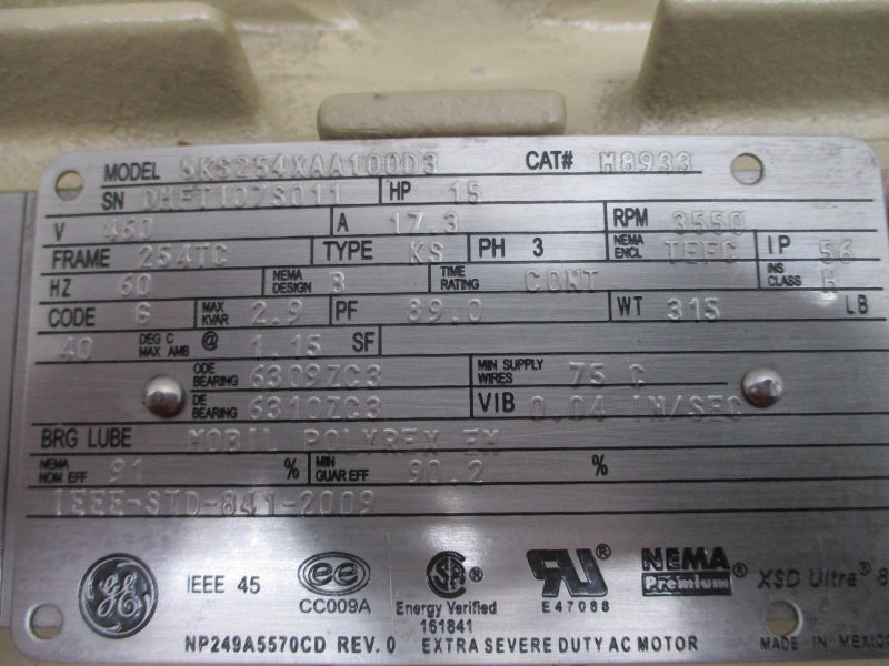 GENERAL ELECTRIC 15HP 254TC M8933 5KS254XAA100D3 460V 17.3A REV. 0 NSNP