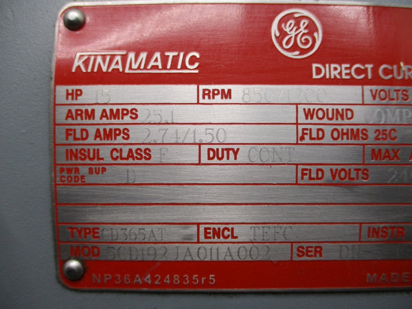 GENERAL ELECTRIC 15HP 850/1200RPM CD365AT 5CD192JA011A002 240/500V 2.74/1.50-25.1A NSNP