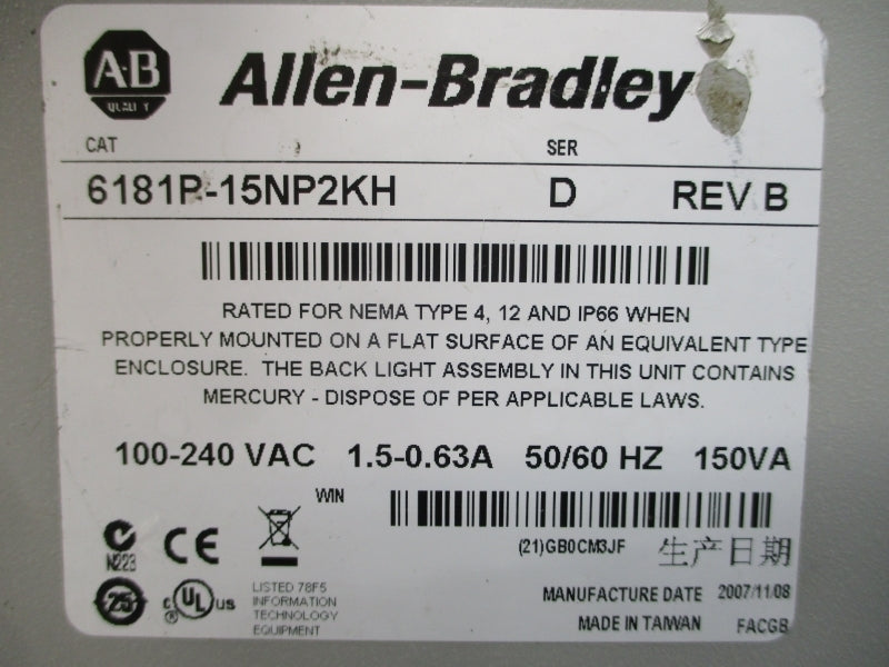 ALLEN BRADLEY 6181P-15NP2KH SER. D 100-240VAC 1.5-0.63A REV. B UNMP