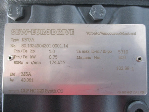 SEW-EURODRIVE K57 DRE80M4BE1HR 230/460V 2.90/1.44A NSNP
