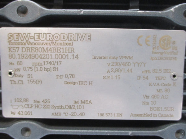 SEW-EURODRIVE K57 DRE80M4BE1HR 230/460V 2.90/1.44A NSNP