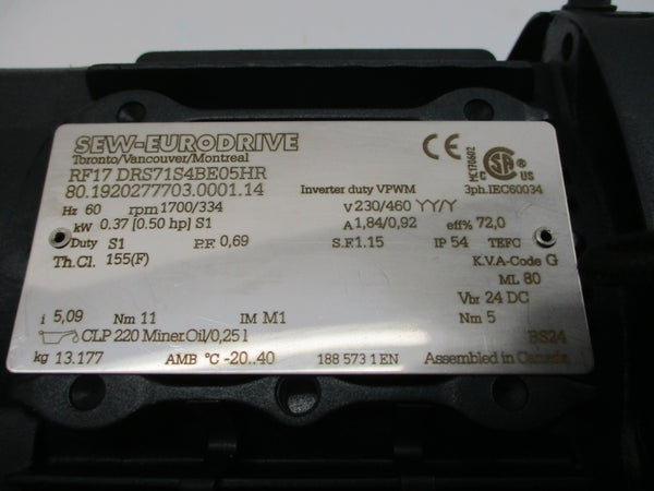 SEW-EURODRIVE RF17 DRS71S4BE05HR 230/460V 1.84/0.92A NSNP