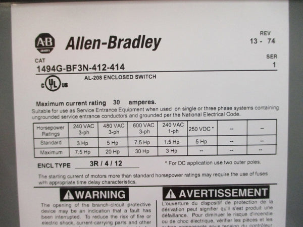 ALLEN BRADLEY 1494G-BF3N-412-414 SER. 1 600VAC (BR/WH) NSMP