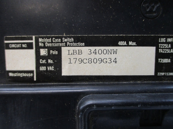 WESTINGHOUSE LBB3400NW 179C809G34 600VAC 400A NSMP