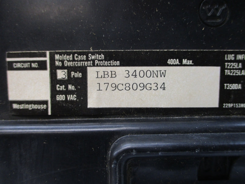 WESTINGHOUSE LBB3400NW 179C809G34 600VAC 400A NSMP