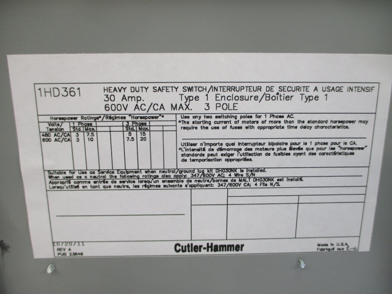 EATON 1HD361 600VAC 30A NSMP