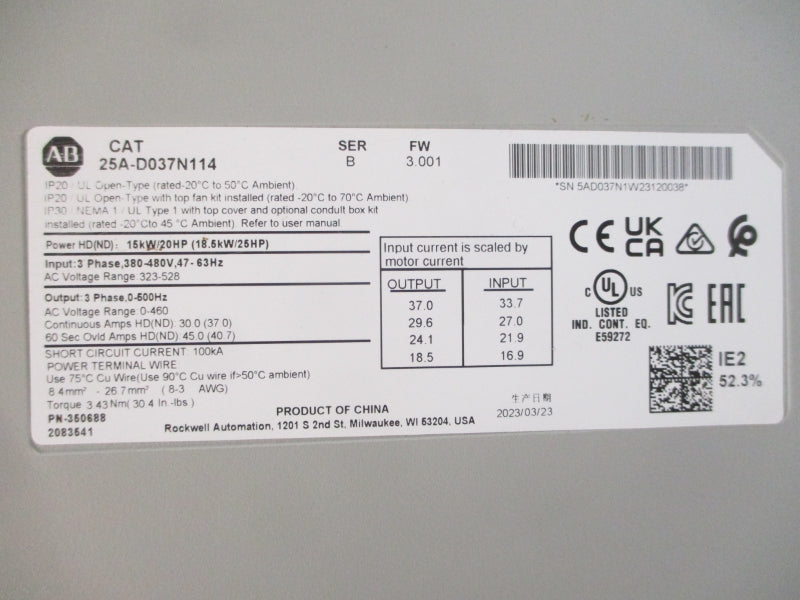 ALLEN BRADLEY 25A-D037N114 SER. B F/W 3.001 323-528VAC NSMP