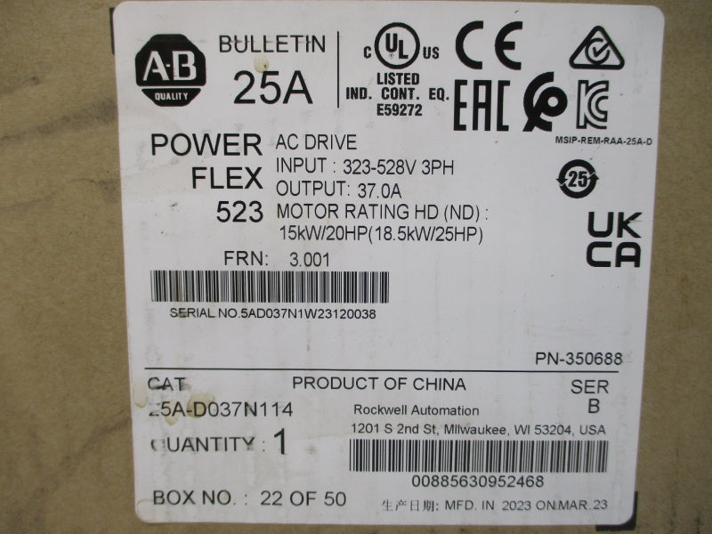 ALLEN BRADLEY 25A-D037N114 SER. B F/W 3.001 323-528VAC NSMP