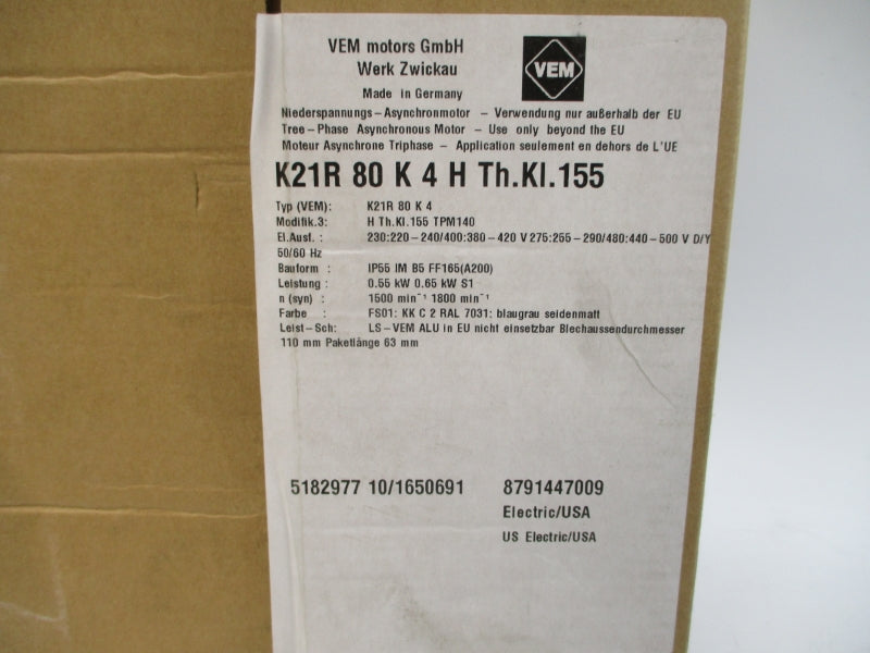 VEM K21R 80 K 4 H TPM140 TH.KI.155 255-290/440-500V 2.66-3.07/1.54-1.78A NSMP