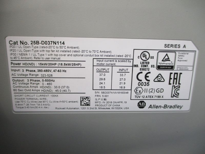 ALLEN BRADLEY 25B-D037N114 SER. A F/W 5.001 323-528VAC NSMP