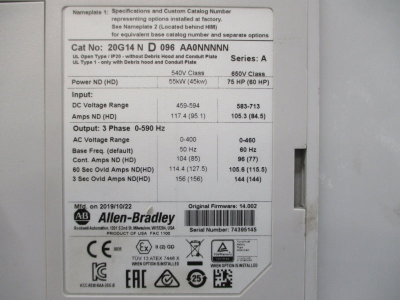 ALLEN BRADLEY 20G14ND096AA0NNNNN SER. A F/W 14.002 583-713VDC 105.3(84.5)A UNMP