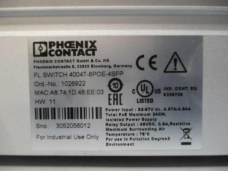 PHOENIX CONTACT FL SWITCH 4004T-8POE-4SFP 1026922 52-57VDC 4.97-4.54A NSNP