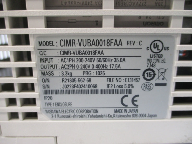 YASKAWA CIMR-VUBA0018FAA 200-240VAC 35.0A REV. C (AS PICTURED) NSNP