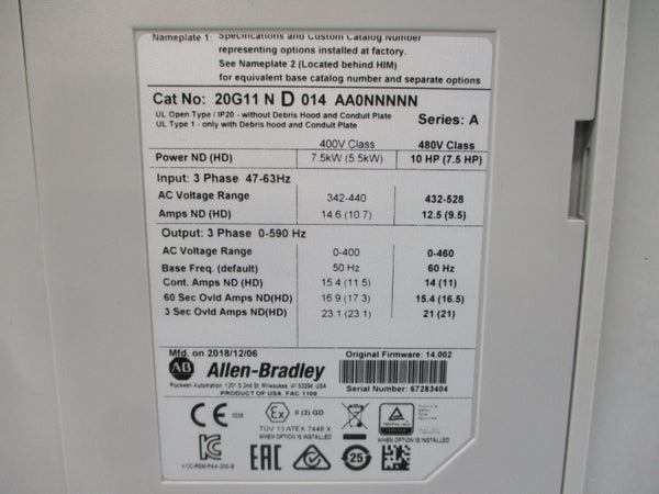 ALLEN BRADLEY 20G11ND014AA0NNNNN SER. A F/W 14.002 480VAC 14A NSMP