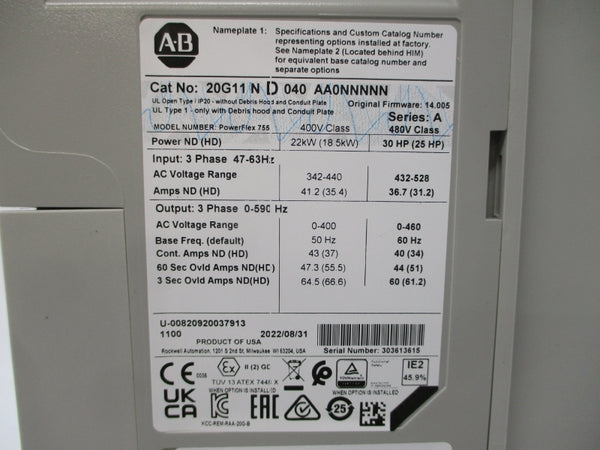 ALLEN BRADLEY 20G11ND040AA0NNNNN SER. A F/W 14.005 432-528VAC 36.7/31.2A NSMP