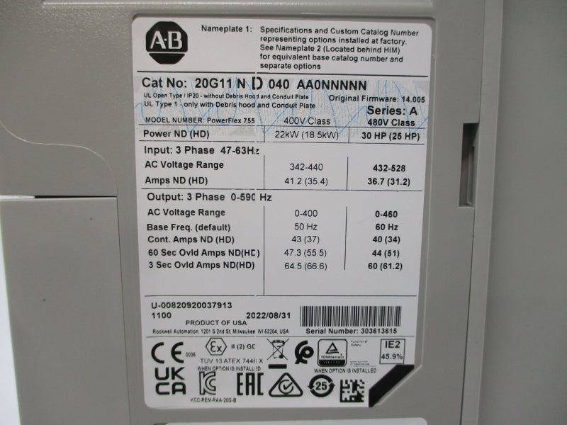 ALLEN BRADLEY 20G11ND040AA0NNNNN SER. A F/W 14.005 432-528VAC 36.7/31.2A NSMP