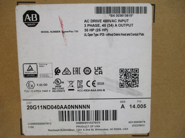 ALLEN BRADLEY 20G11ND040AA0NNNNN SER. A F/W 14.005 432-528VAC 36.7/31.2A NSMP