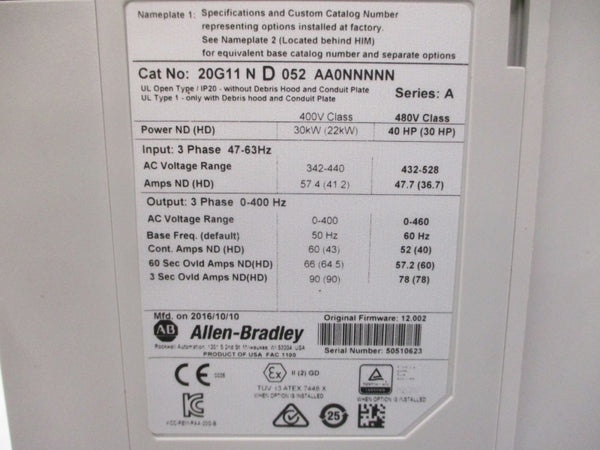 ALLEN BRADLEY 20G11ND052AA0NNNNN SER. A F/W 12.002 432-528VAC 47.7/36.7A NSMP