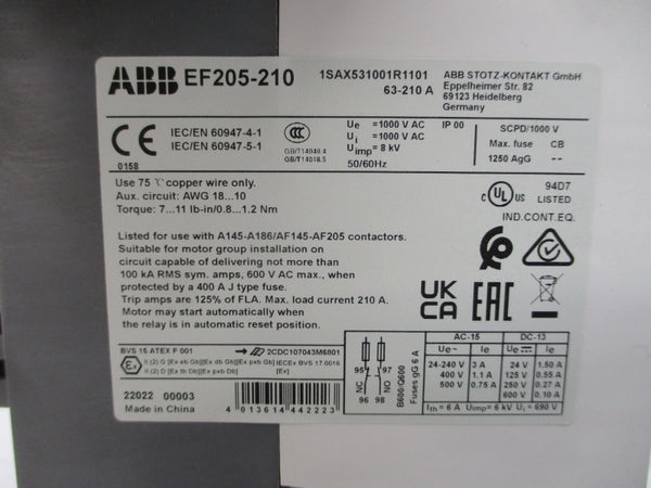 ABB EF205-210 1SAX531001R1101 600VAC 63-210A NSMP