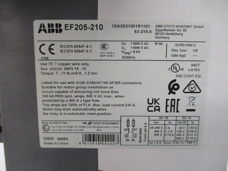 ABB EF205-210 1SAX531001R1101 600VAC 63-210A NSMP