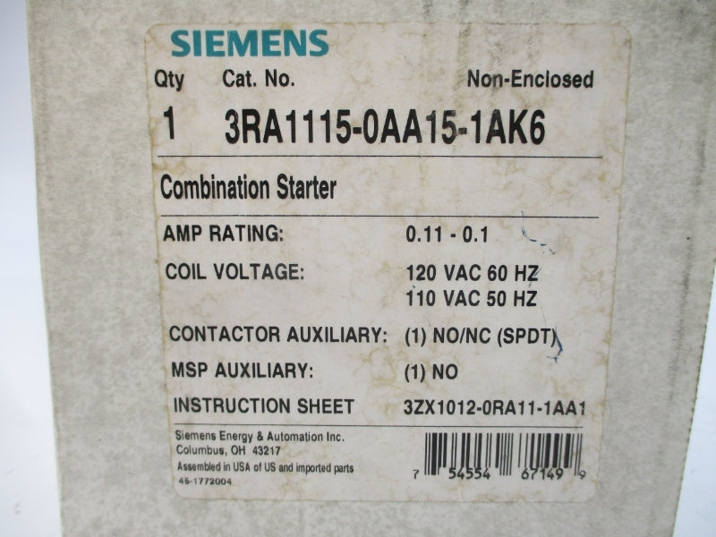 SIEMENS 3RA1115-0AA15-1AK6 110/120VAC 0.11-0.1A NSMP