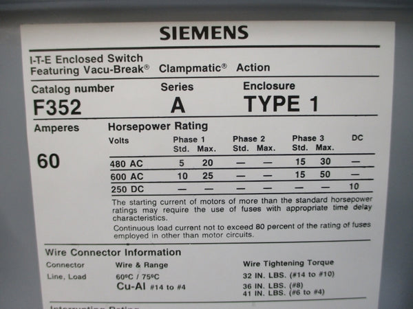 SIEMENS F352 SER. A 600VAC 60A NSMP