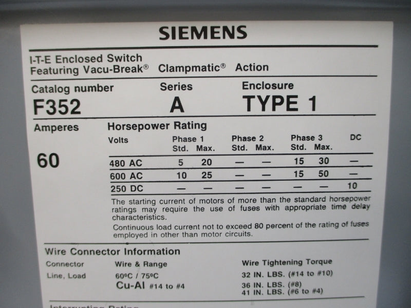 SIEMENS F352 SER. A 600VAC 60A NSMP