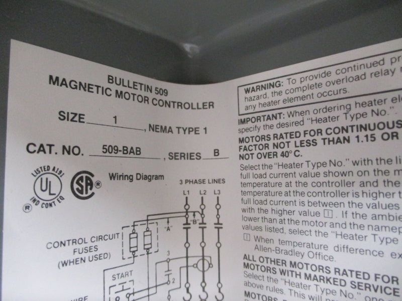 ALLEN BRADLEY 509-BAB SER. B 460-480V 27A (BR/WH) NSMP