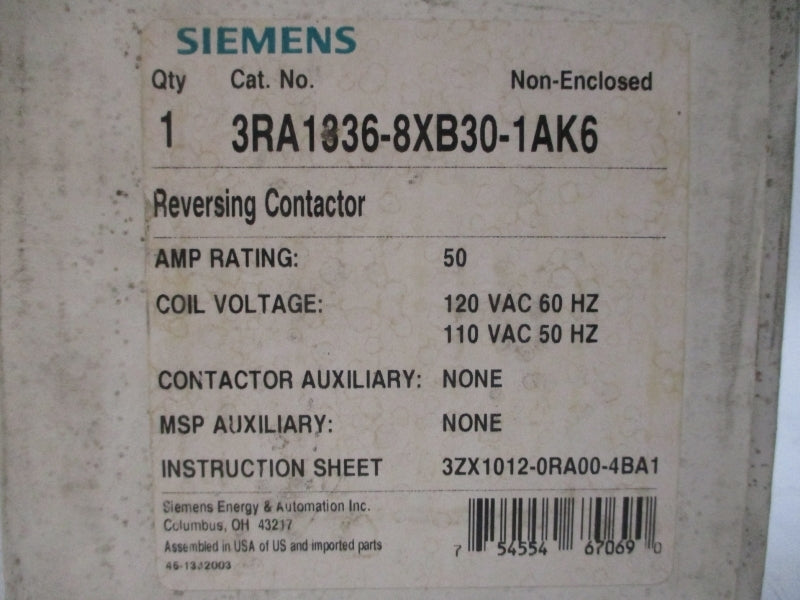 SIEMENS 3RA1336-8XB30-1AK6 110/120VAC 50A NSMP