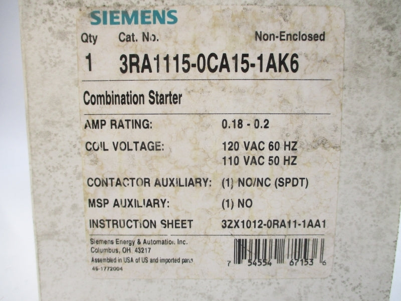 SIEMENS 3RA1115-0CA15-1AK6 110/120VAC 0.18-0.2A NSMP