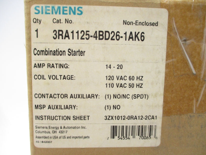 SIEMENS 3RA1125-4BD26-1AK6 110/120VAC 14-20A NSMP