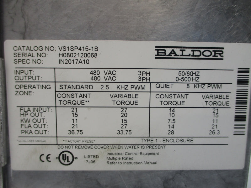 BALDOR VS1SP415-1B 480VAC UNMP