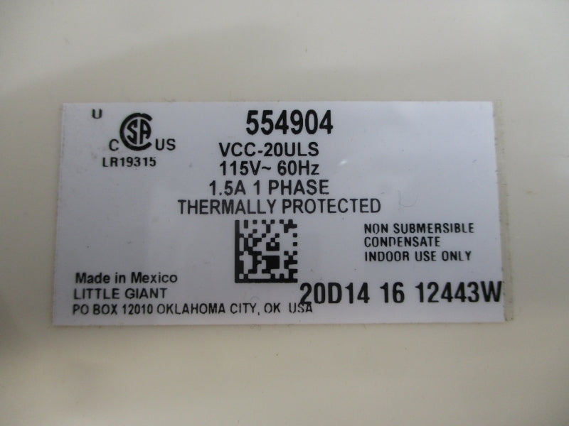 LITTLE GIANT 554904 VCC-20ULS 115V 1.5A NSMP