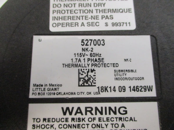 LITTLE GIANT 527003 NK-2 115V 1.7A 1/4" NSMP