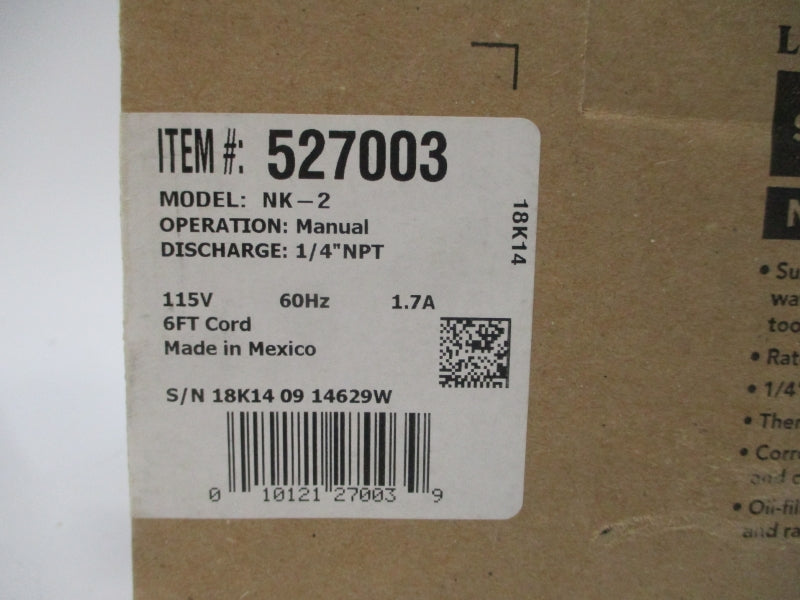 LITTLE GIANT 527003 NK-2 115V 1.7A 1/4" NSMP