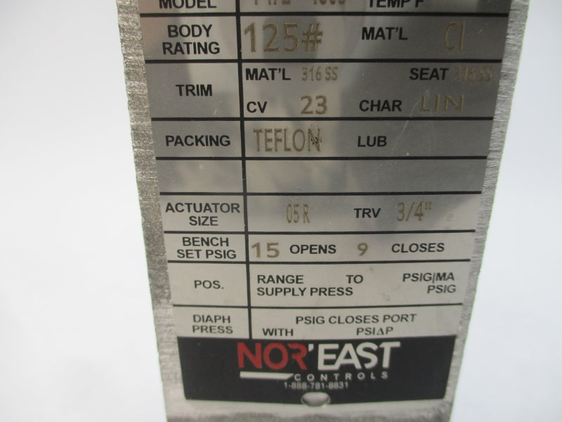 NOR EAST CONTROLS 854805-1BA0-1B6-1T-PKB1-000 4805 9-15PSI 1-1/2" NSNP