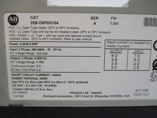ALLEN BRADLEY 25B-D6P0N104 SER. A F/W 7.001 323-528VAC 7.5A NSMP