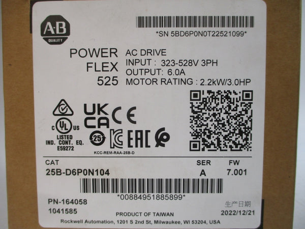 ALLEN BRADLEY 25B-D6P0N104 SER. A F/W 7.001 323-528VAC 7.5A NSMP