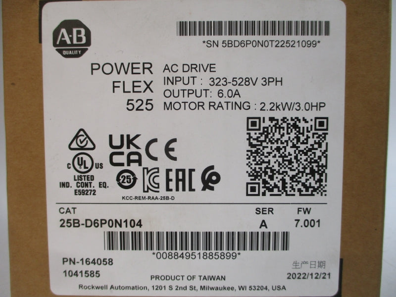 ALLEN BRADLEY 25B-D6P0N104 SER. A F/W 7.001 323-528VAC 7.5A NSMP