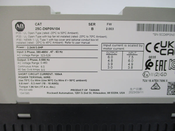 ALLEN BRADLEY 25C-D6P0N104 SER. B F/W 2.003 323-528VAC 7.5A NSMP