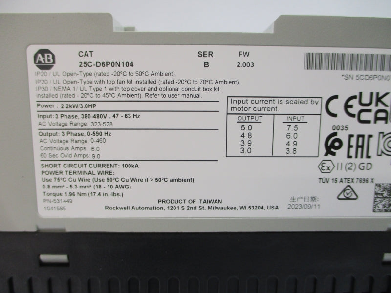 ALLEN BRADLEY 25C-D6P0N104 SER. B F/W 2.003 323-528VAC 7.5A NSMP