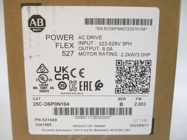 ALLEN BRADLEY 25C-D6P0N104 SER. B F/W 2.003 323-528VAC 7.5A NSMP